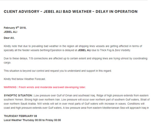 Client Advisory - Jebel Ali Bad Weather - Delay In Operation